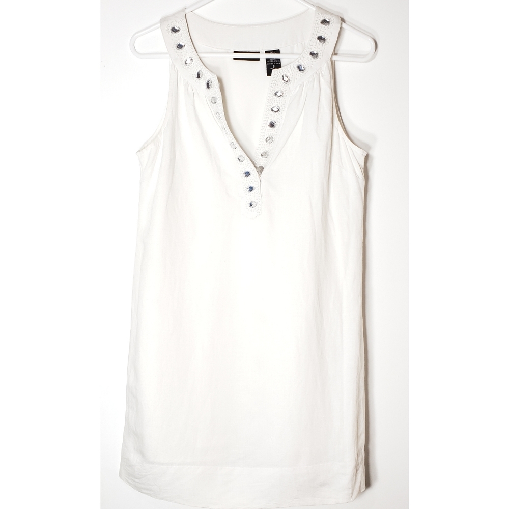 White Linen Summer Sleeveless Mini Dress, Lined